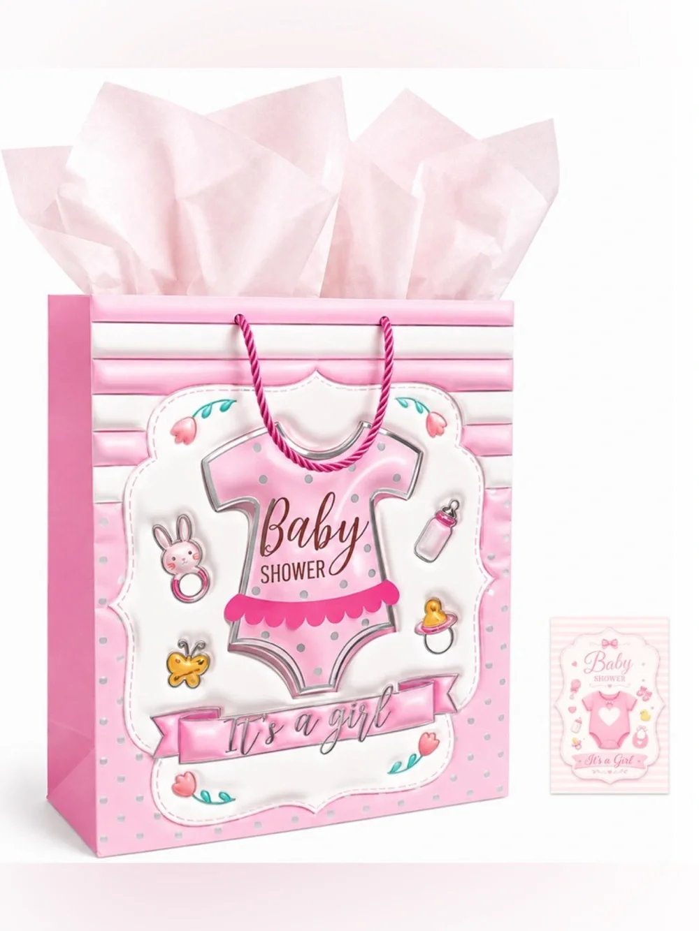 Baby Girl Foil Onesie Gift Bag – Pink Design with Tissue & Card